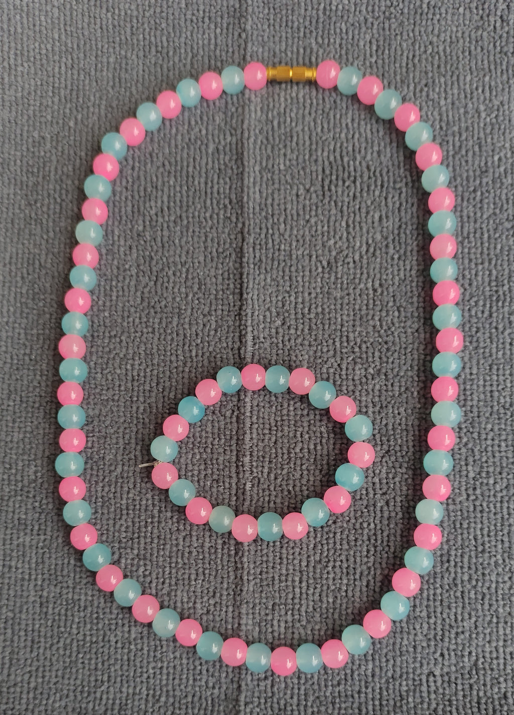 Manimuthu – Pink & Blue Glass Bead Necklace and Bracelet Combo