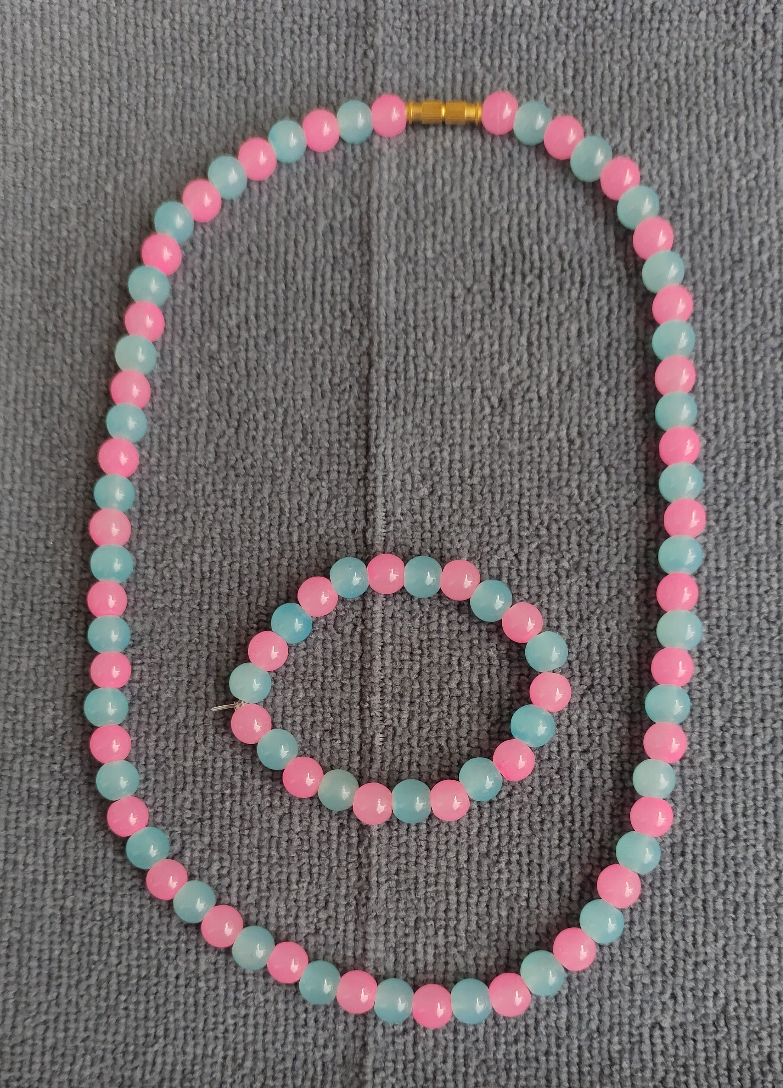 Manimuthu – Pink & Blue Glass Bead Necklace and Bracelet Combo