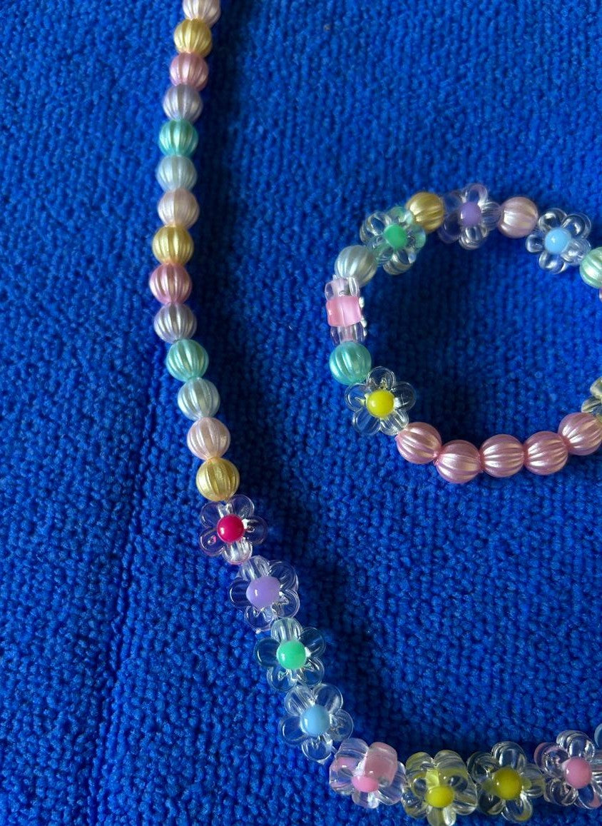 Rainbow & Flower Bead Kids Chain and Bracelet Combo – Colorful Cute Jewelry Set for Girls