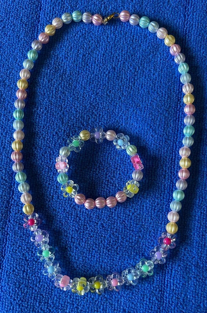 Rainbow & Flower Bead Kids Chain and Bracelet Combo – Colorful Cute Jewelry Set for Girls